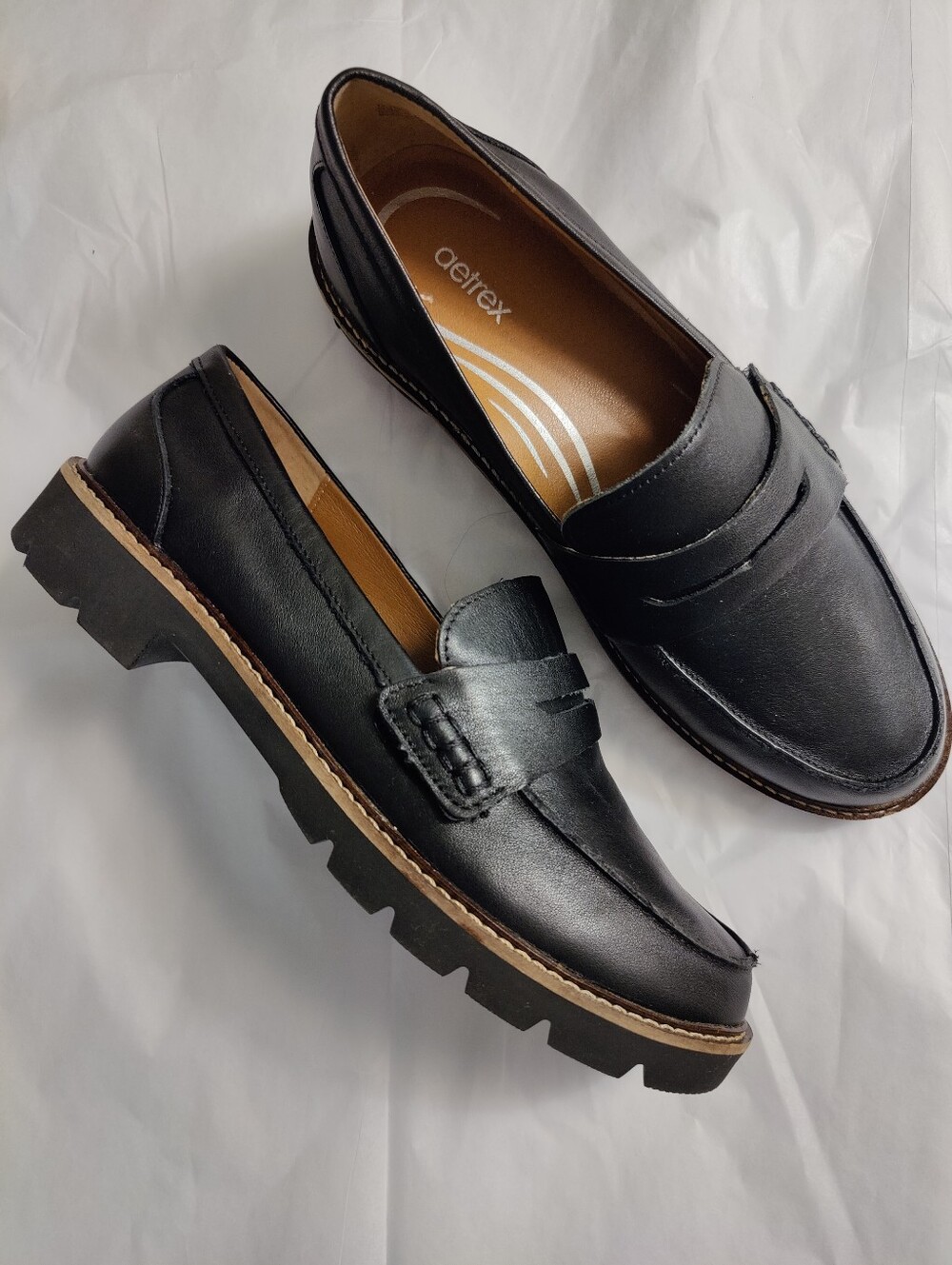 🆕 Aetrex Black Leather Collette Arch Support Loafer, Size 38 US 7.5 - 8
